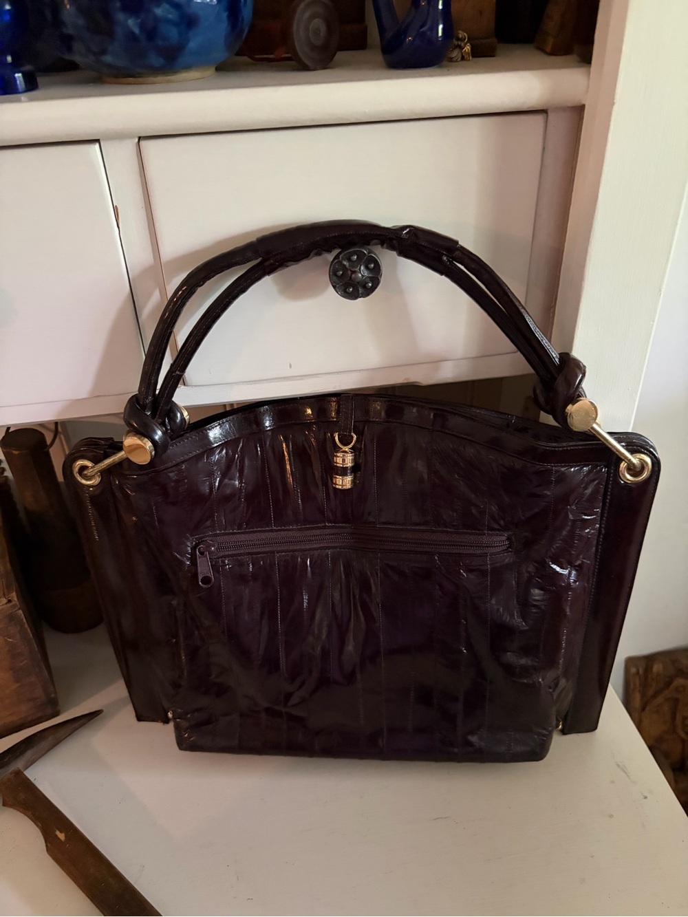 Elegant Dark Brown Patent Eel Skin Leather Bag Unbranded
